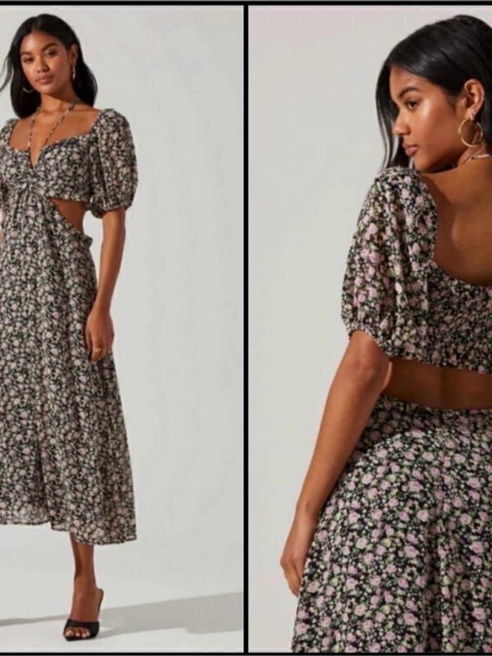 Astr Black Midi Dress with Pink Floral Print and Puff Sleeves